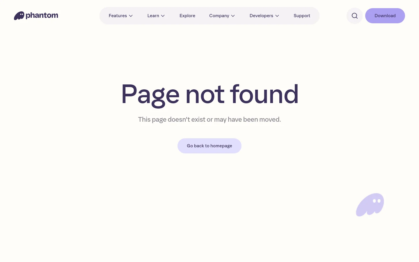 Phantom 404 error page featuring a minimalist centered layout on a white background. Large dark typography reads Page not found above a subheadline and a light purple Go back to homepage button, accompanied by a simple ghost icon in the corner.