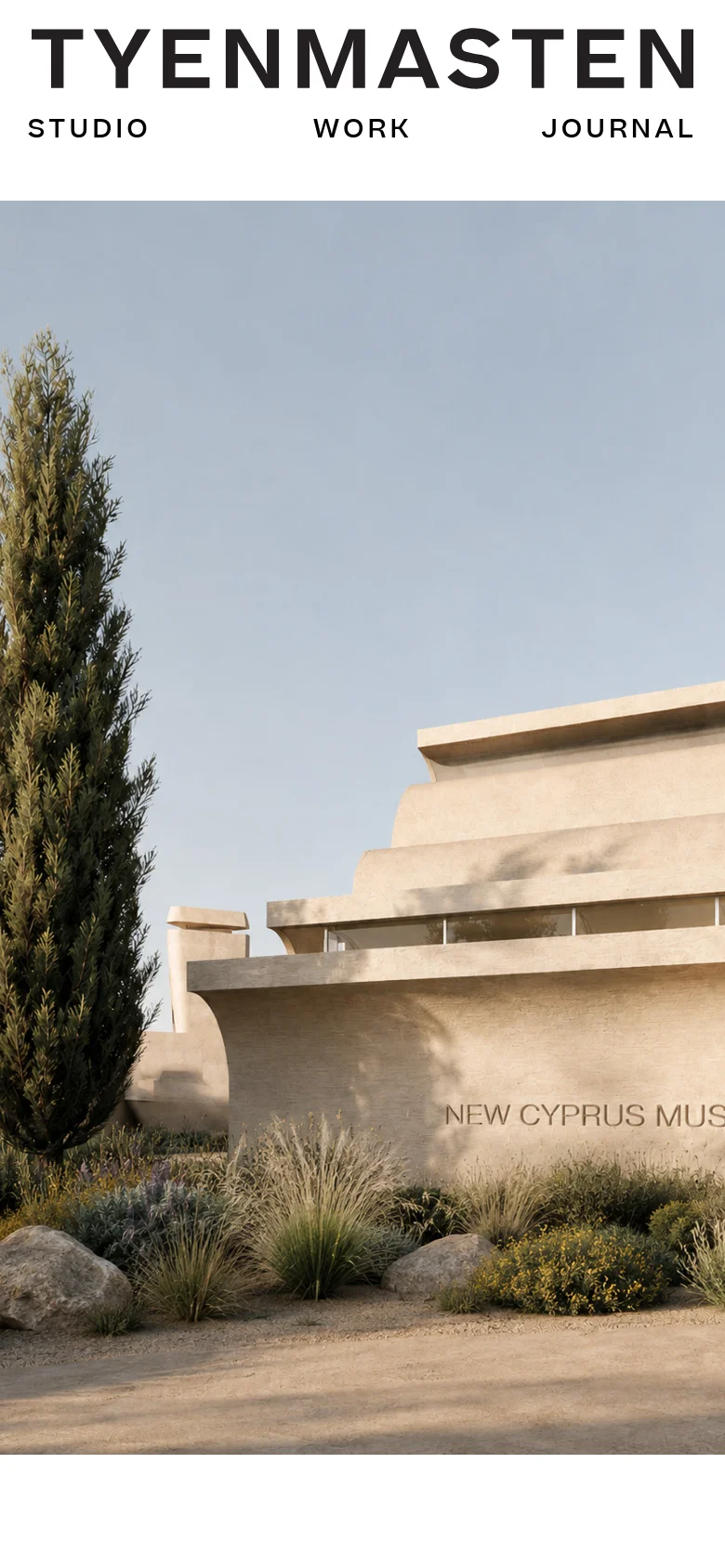 The mobile version maintains the minimalist white header with the Tyen Masten logo and navigation links, but the layout is vertically stacked. The hero image of the modern concrete architecture and surrounding landscape occupies the full width of the screen below the navigation.