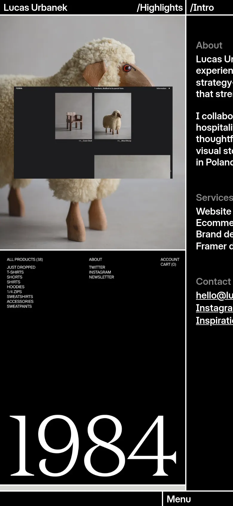 The mobile version uses a vertical layout with the sheep image and project preview stacked above a large white '1984' graphic. The sidebar content is condensed, and the navigation is replaced by a 'Menu' button at the bottom right, while the overall color scheme remains black and white.