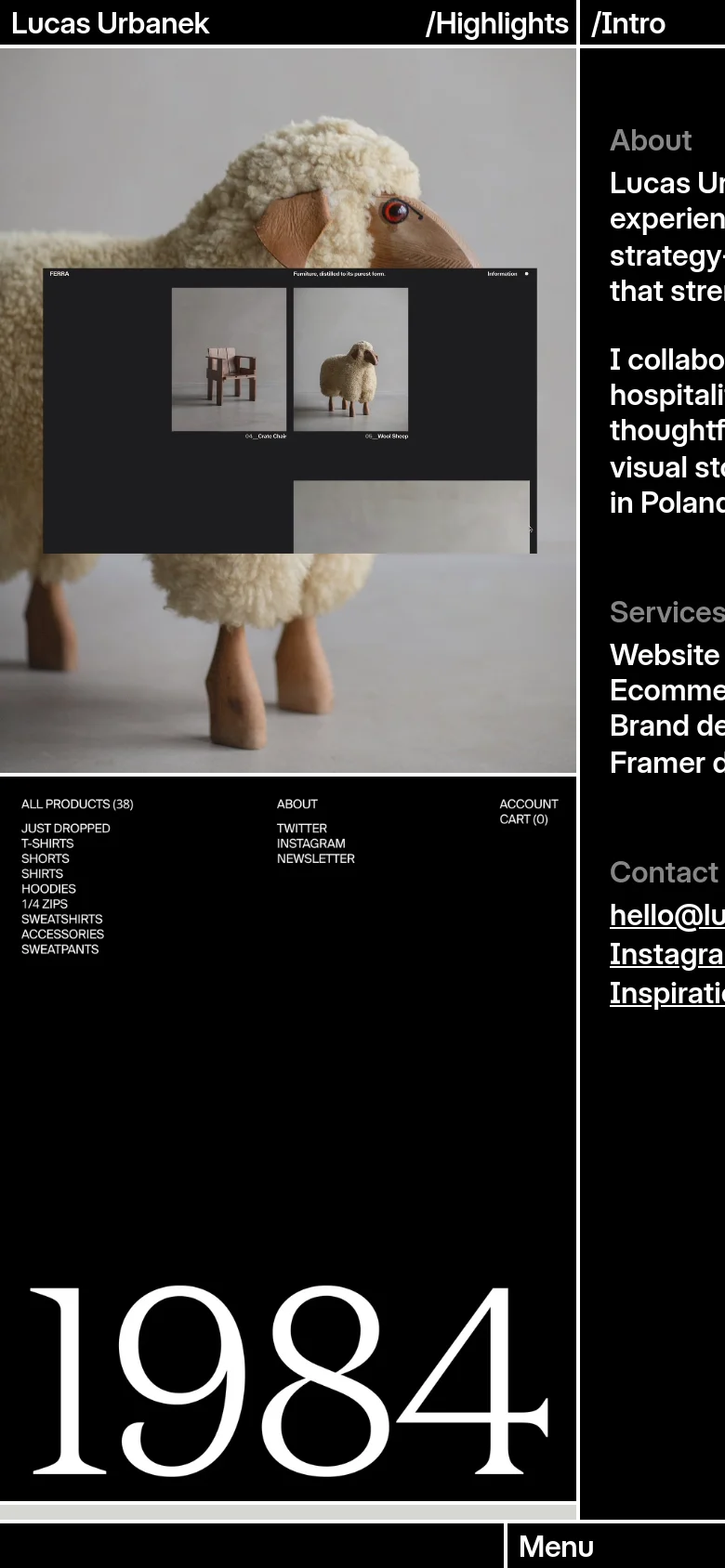 The mobile version uses a vertical layout with the sheep image and project preview stacked above a large white '1984' graphic. The sidebar content is condensed, and the navigation is replaced by a 'Menu' button at the bottom right, while the overall color scheme remains black and white.