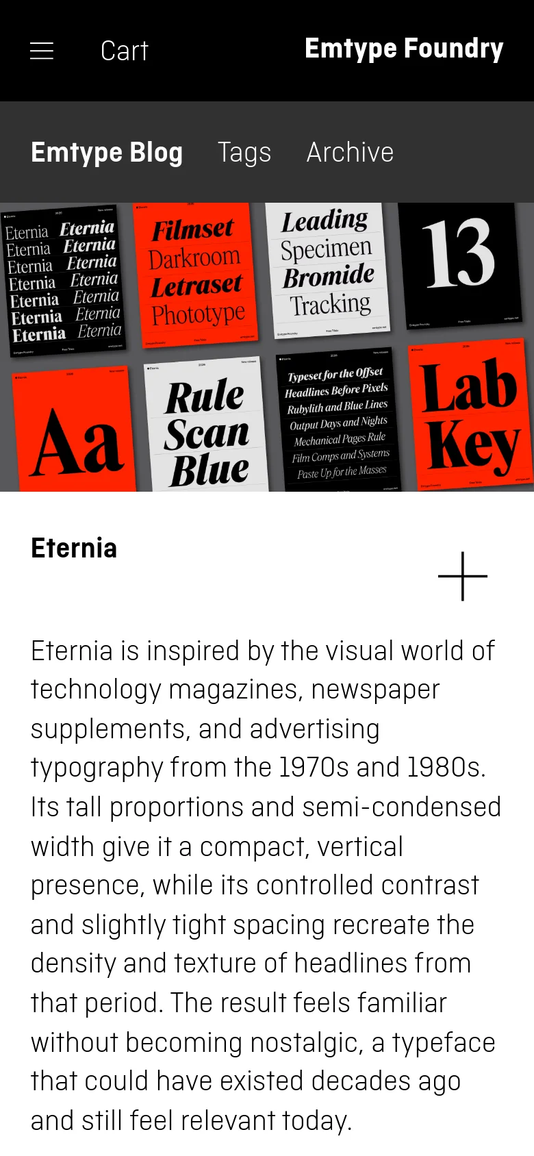 The mobile version simplifies the layout, displaying a condensed header with a hamburger menu, 'Cart', and the 'Emtype Foundry' logo. The grid of typeface specimen tiles is stacked vertically, followed by the 'Eternia' blog post heading and its introductory text.