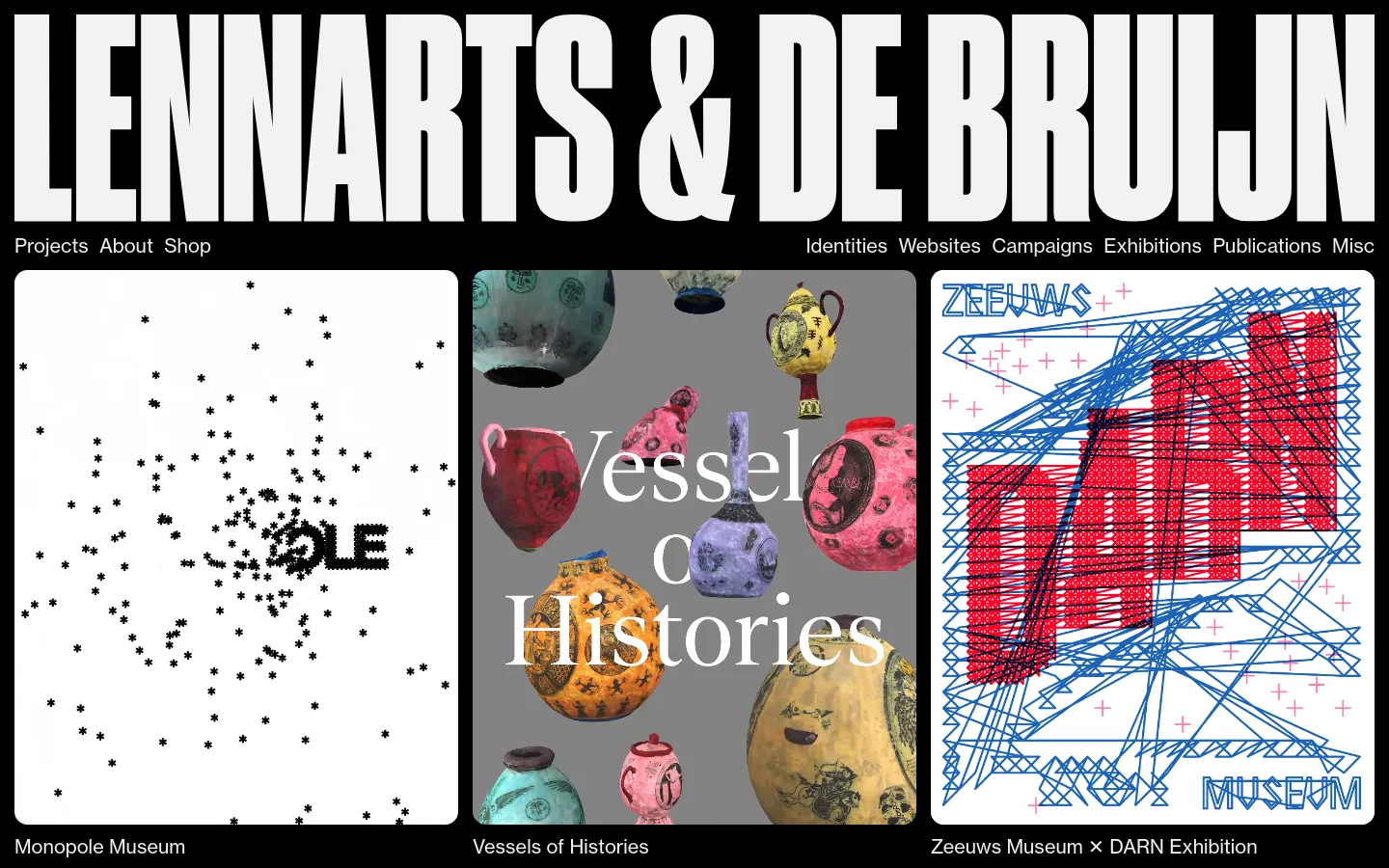 The desktop homepage features a minimalist black header with the large white text 'LENNARTS & DE BRUIJN' and a navigation menu including Projects, About, and Shop. Below, a grid of large rectangular project tiles displays high-contrast imagery, such as black star patterns and colorful ceramics, with white text overlays like 'Monopole Museum' and 'Vessels of Histories'.