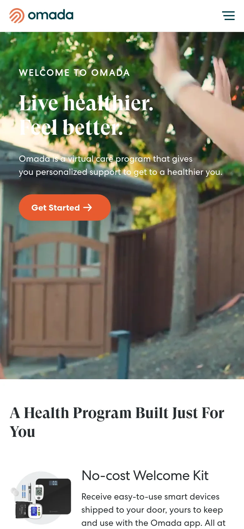 The mobile version presents a vertically stacked layout, starting with a hero image of a person outdoors, featuring the same 'Live healthier. Feel better.' headline and orange 'Get Started' button. The navigation is condensed into a hamburger menu icon in the top right. Below the hero, content sections like 'A Health Program Built Just For You' and the 'No-cost Welcome Kit' appear in a single-column format with text and images stacked vertically.