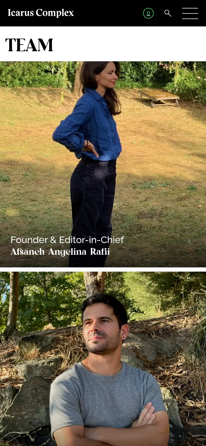 The mobile version presents the team members in a single-column vertical scroll, with each large portrait image taking up the full width of the screen. The text overlays for names and roles remain at the bottom of each photo, and the header is condensed with a simplified menu and search icon.
