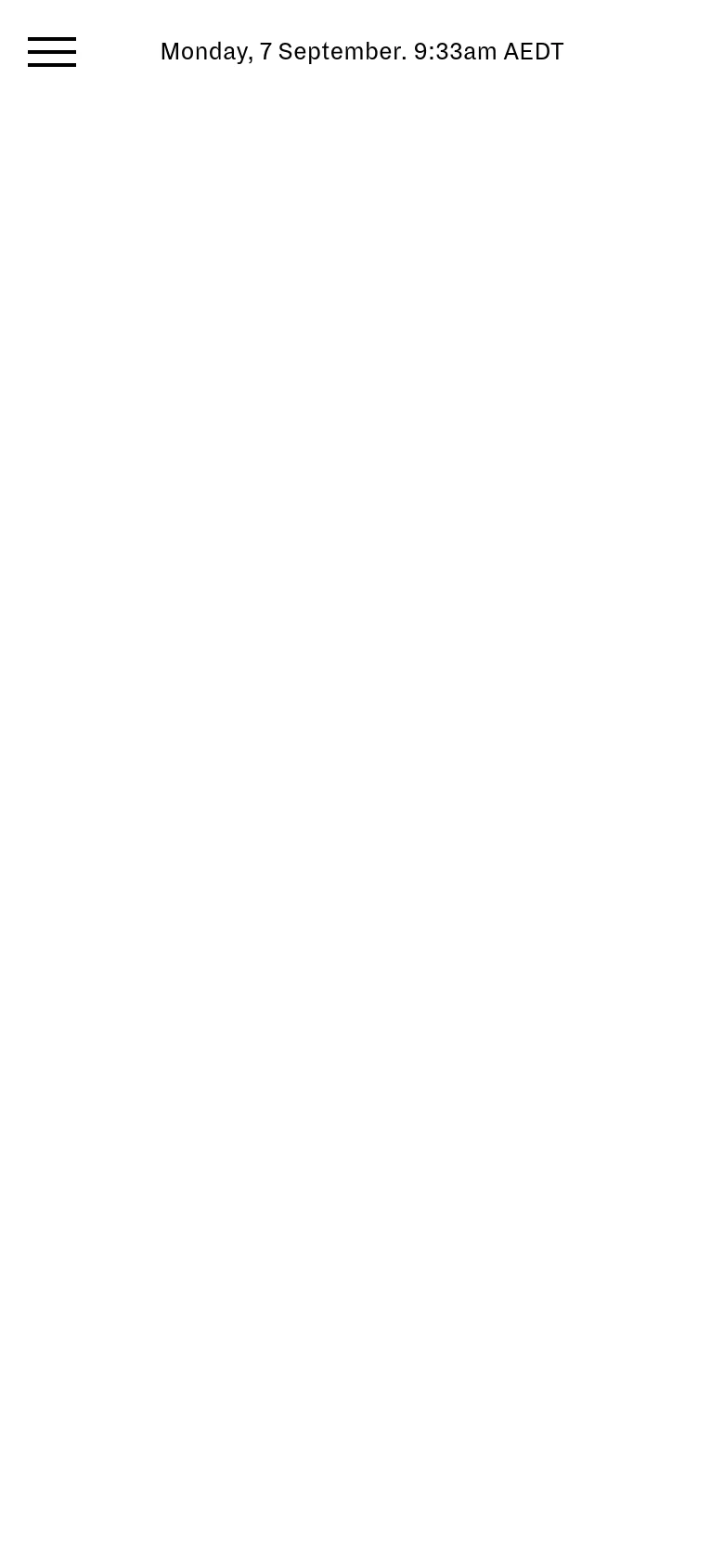 A minimalist white mobile webpage. The top navigation is replaced by a black hamburger menu icon on the left, with the current date and time displayed prominently in the center.