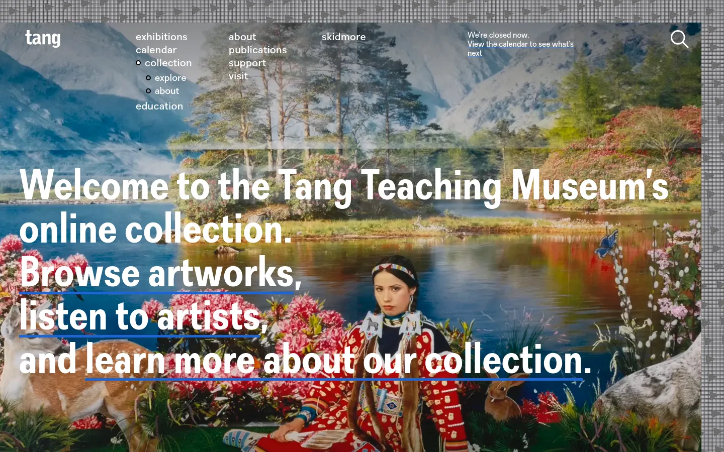 The desktop version features a large hero image of a person in traditional attire sitting in a lush landscape, overlaid with large white headline text. A navigation menu is spread across the top, including links for exhibitions, calendar, collection, and education, with a search icon on the right. The color palette is dominated by the natural greens, blues, and reds of the background photograph.