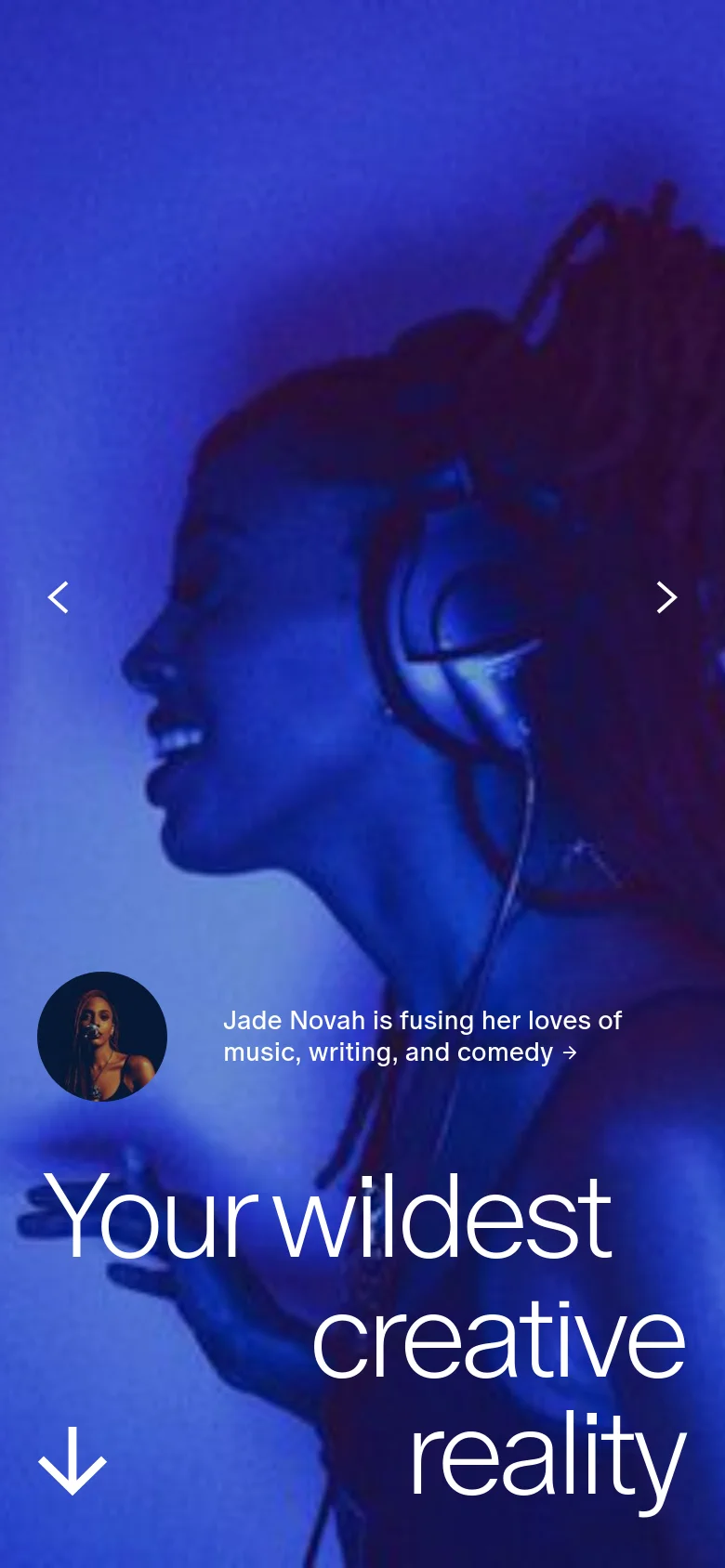The mobile version presents a vertically oriented view of the hero section with a large, blue-toned image of Jade Novah. The headline 'Your wildest creative reality' is prominently displayed in large white text, and the navigation elements are condensed, focusing on the central imagery and a small profile call-to-action.