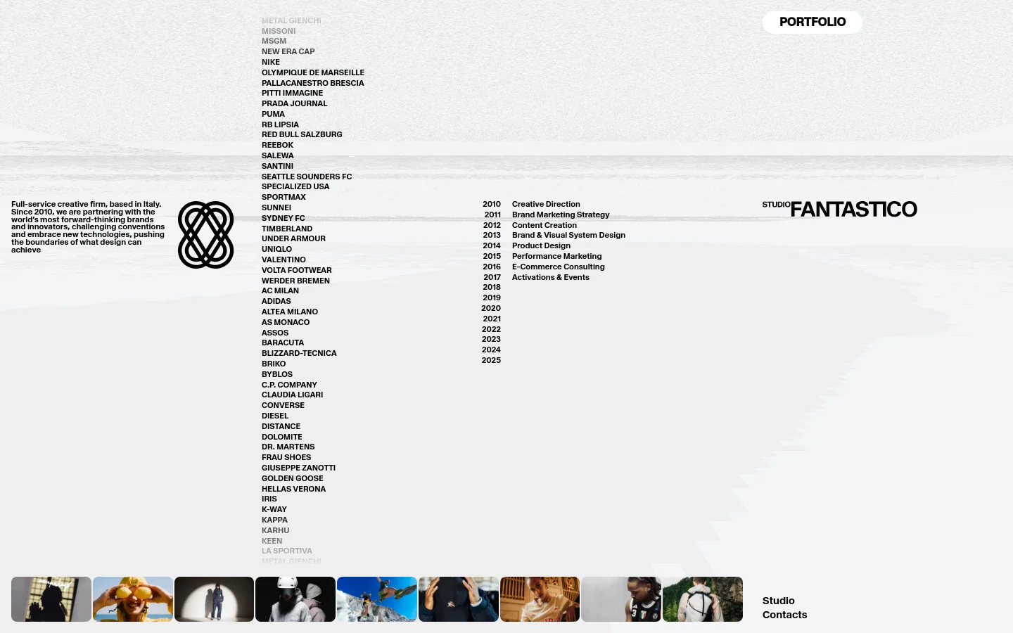 The desktop homepage features a minimalist white layout with black text. A large headline on the left introduces the firm, while a long vertical list of client names occupies the center, flanked by a list of services and a timeline on the right. A 'PORTFOLIO' button is at the top right, and a row of rectangular project images sits at the bottom.