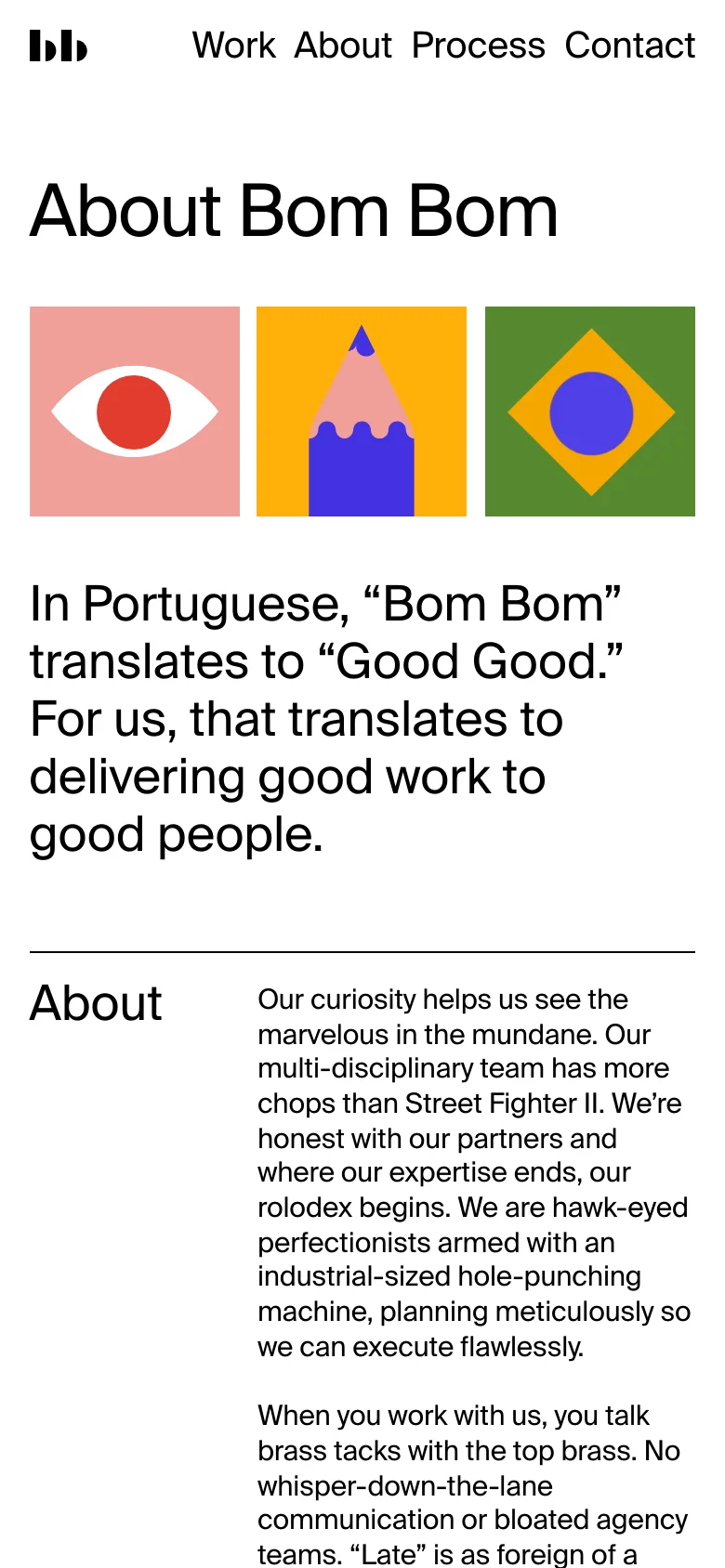 The mobile version displays a simplified layout with the 'bb' logo and navigation links stacked or condensed at the top. The large 'About Bom Bom' headline and the three vibrant, colorful square illustrations remain central, followed by the descriptive text about the company's philosophy.