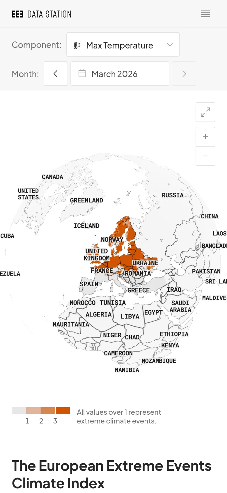 The mobile version presents a vertically stacked layout with the site title and a hamburger menu at the top. The interactive map is centered below the component and month selection controls, which are scaled for touch, and the color legend remains at the bottom of the map view.