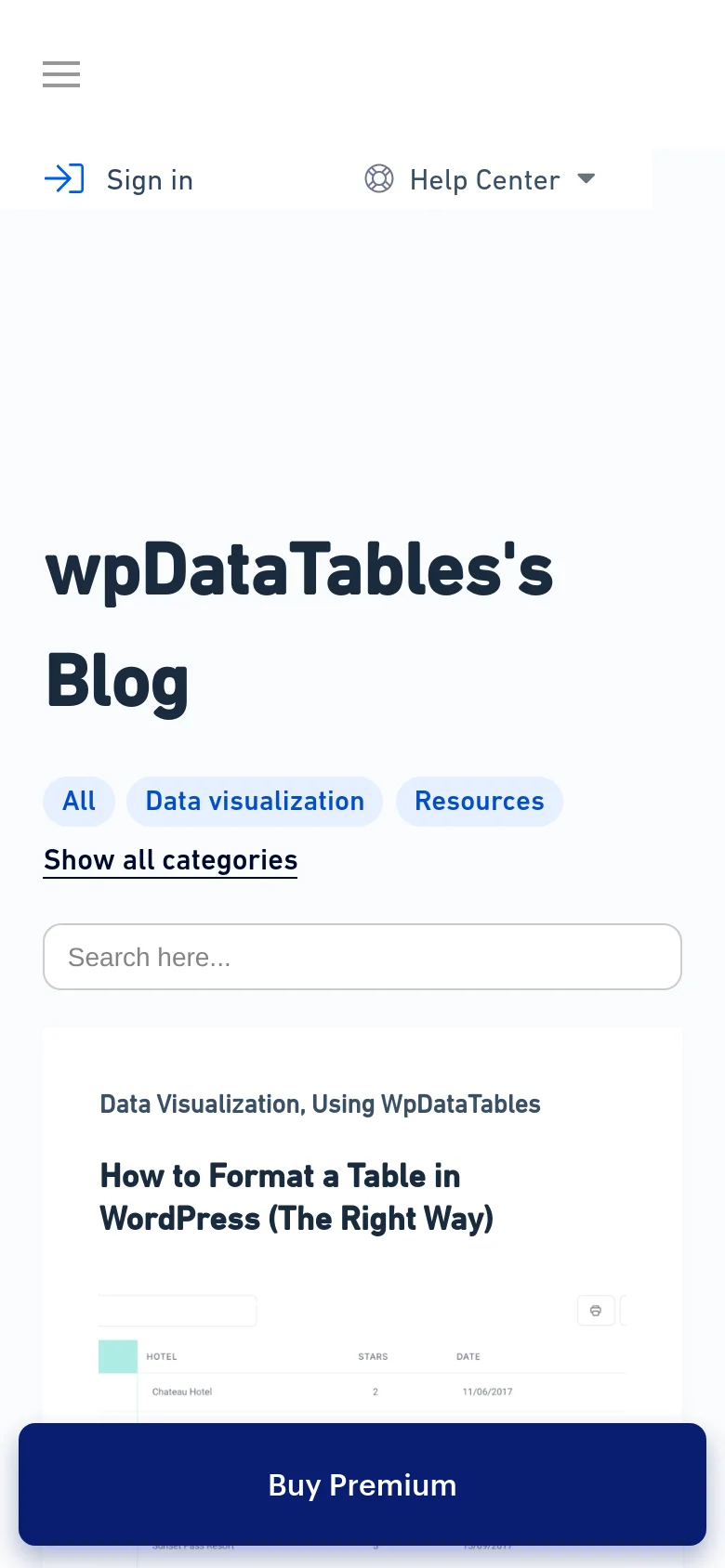 The mobile version simplifies the layout into a single-column view, moving the navigation menu into a hamburger icon at the top left. The 'wpDataTables's Blog' heading and category filters remain prominent, but the blog post cards are stacked vertically for easier scrolling on a narrow screen.