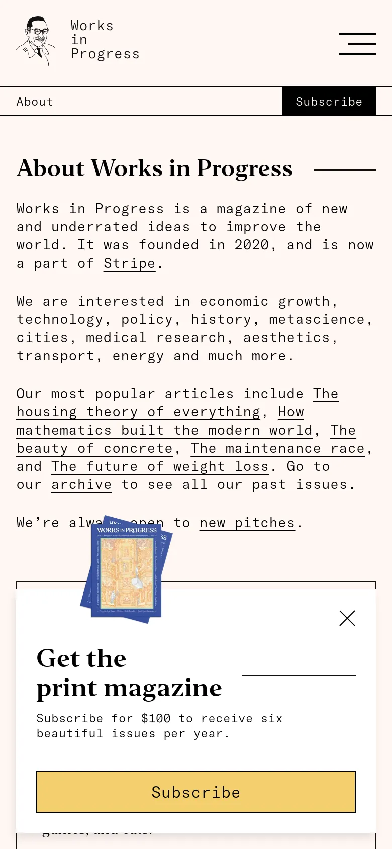 The mobile version simplifies the layout into a single vertical column, placing the hero image at the top followed by the text content. The multi-column editor bios are stacked vertically for readability. A large subscription call-to-action banner is fixed at the top of the screen, and the 'Get the print magazine' pop-up occupies the lower half of the viewport.