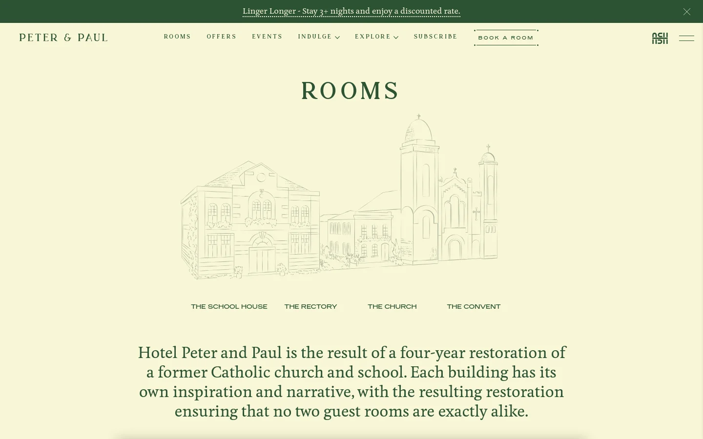 The desktop page features a minimalist design with a cream background and dark green text. A large line drawing of historic buildings sits below the 'ROOMS' headline, followed by links for The School House, The Rectory, The Church, and The Convent. A navigation bar at the top includes links for Rooms, Offers, Events, Indulge, Explore, Subscribe, and a 'Book a Room' button.