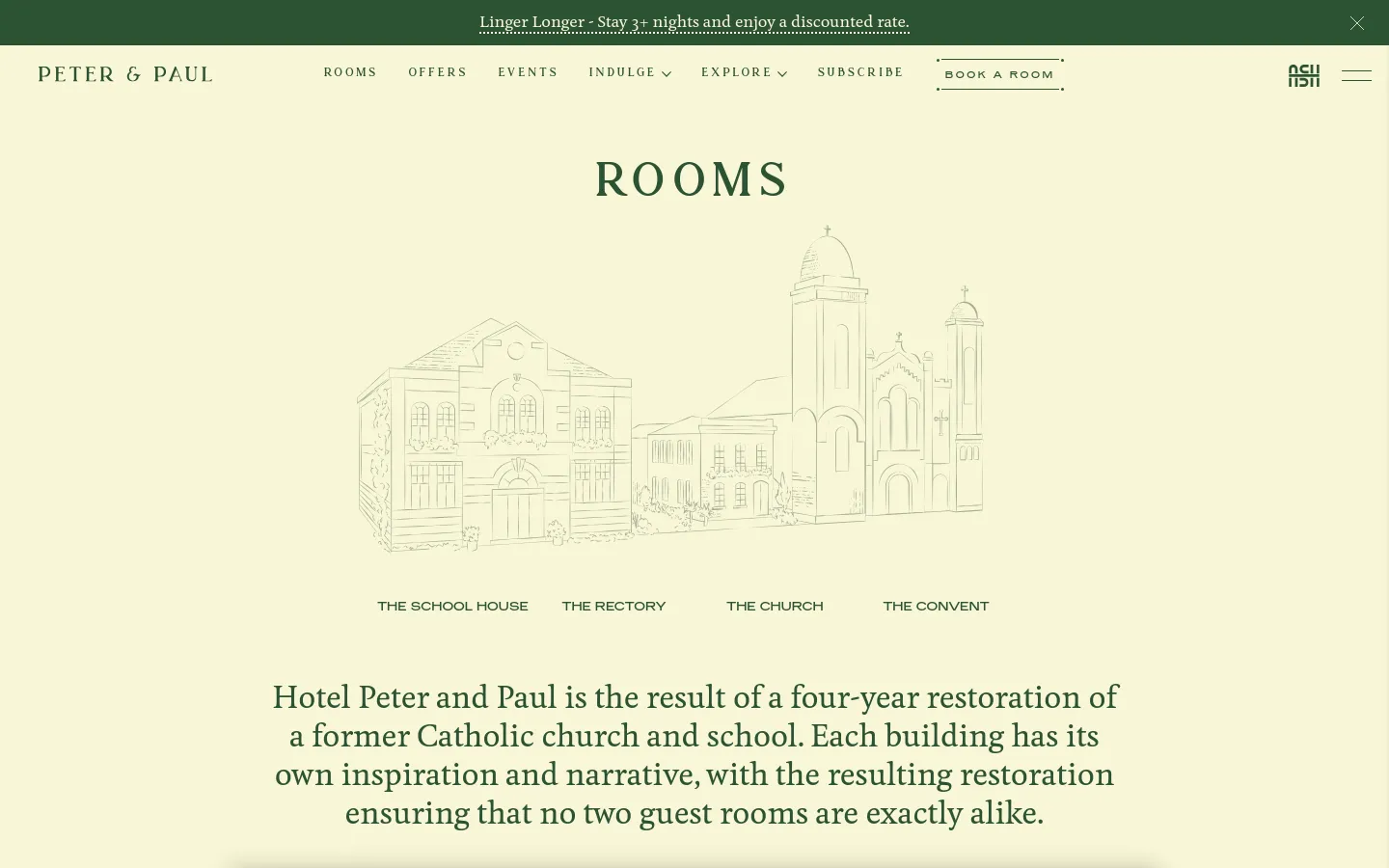 The desktop page features a minimalist design with a cream background and dark green text. A large line drawing of historic buildings sits below the 'ROOMS' headline, followed by links for The School House, The Rectory, The Church, and The Convent. A navigation bar at the top includes links for Rooms, Offers, Events, Indulge, Explore, Subscribe, and a 'Book a Room' button.