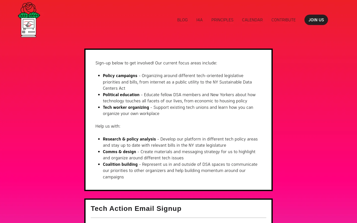 The desktop page features a vibrant red and pink gradient background with a white content box in the center. A logo of a rose emerging from a smartphone is in the top left, and a navigation menu with links like 'Blog' and 'Principles' sits at the top right next to a 'Join Us' button. The main content lists focus areas and ways to help using bulleted text.