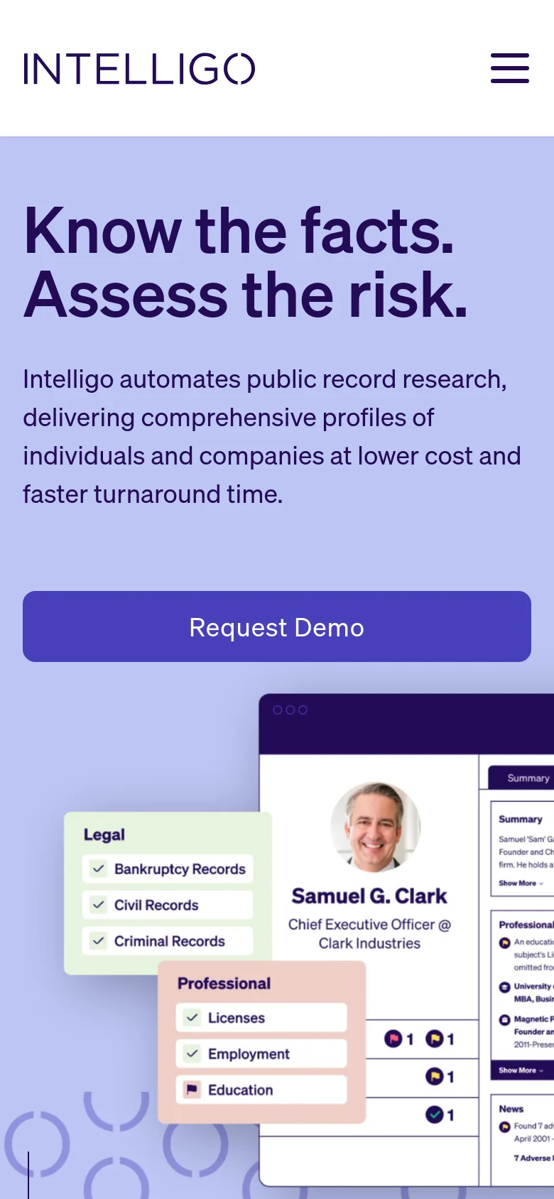 The mobile version uses a simplified vertical layout with a white header containing a hamburger menu icon. The hero section features large, bold typography for the main headline and subtext, followed by a full-width purple 'Request Demo' button. The software interface graphic is scaled down and positioned below the primary call to action.