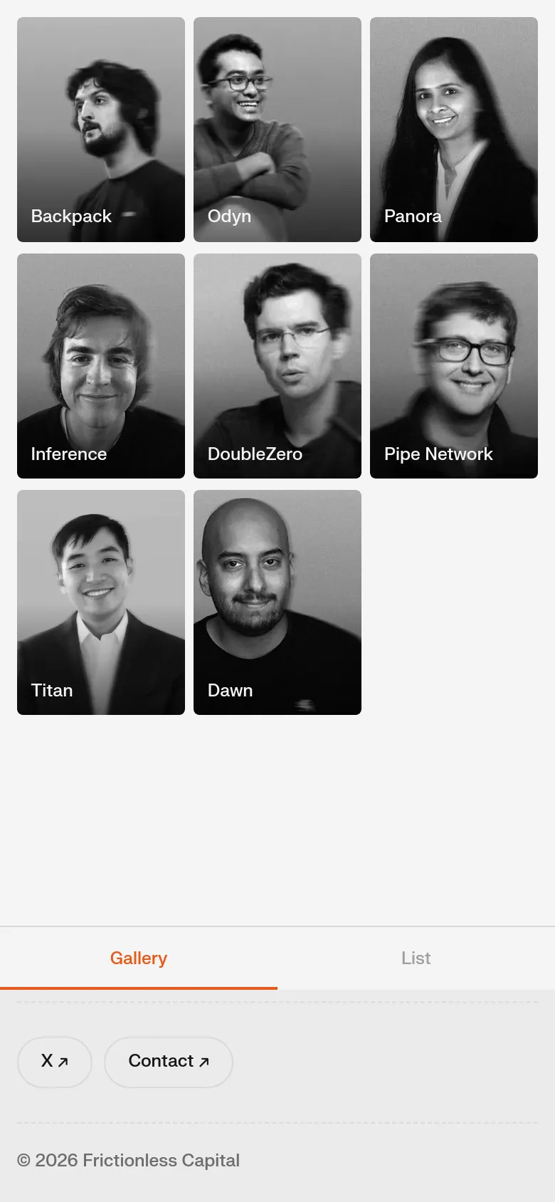 The mobile version of the Portfolio page removes the left-hand sidebar, presenting a single-column vertical scroll of large black and white portrait images. Each image features the company name in white text at the bottom left, such as 'Titan' or 'Dawn'. The layout is simplified for vertical viewing, with the subscription and contact options appearing at the bottom.