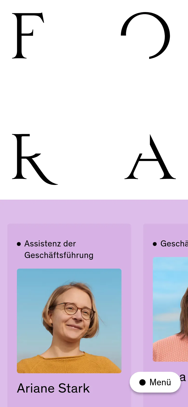 FORA team page on mobile featuring a stacked layout with a large portrait and oversized brand typography. Team members are displayed in a vertical list format against a light lilac background with a floating menu button at the bottom.