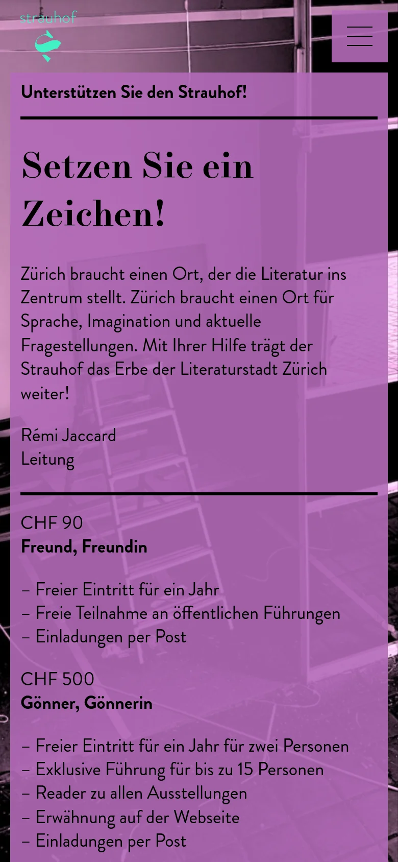 The mobile version uses a vertical layout with a simplified header containing a hamburger menu icon on the right. The purple-tinted background remains, and the text content is stacked vertically, focusing on the donation levels and their respective benefits.
