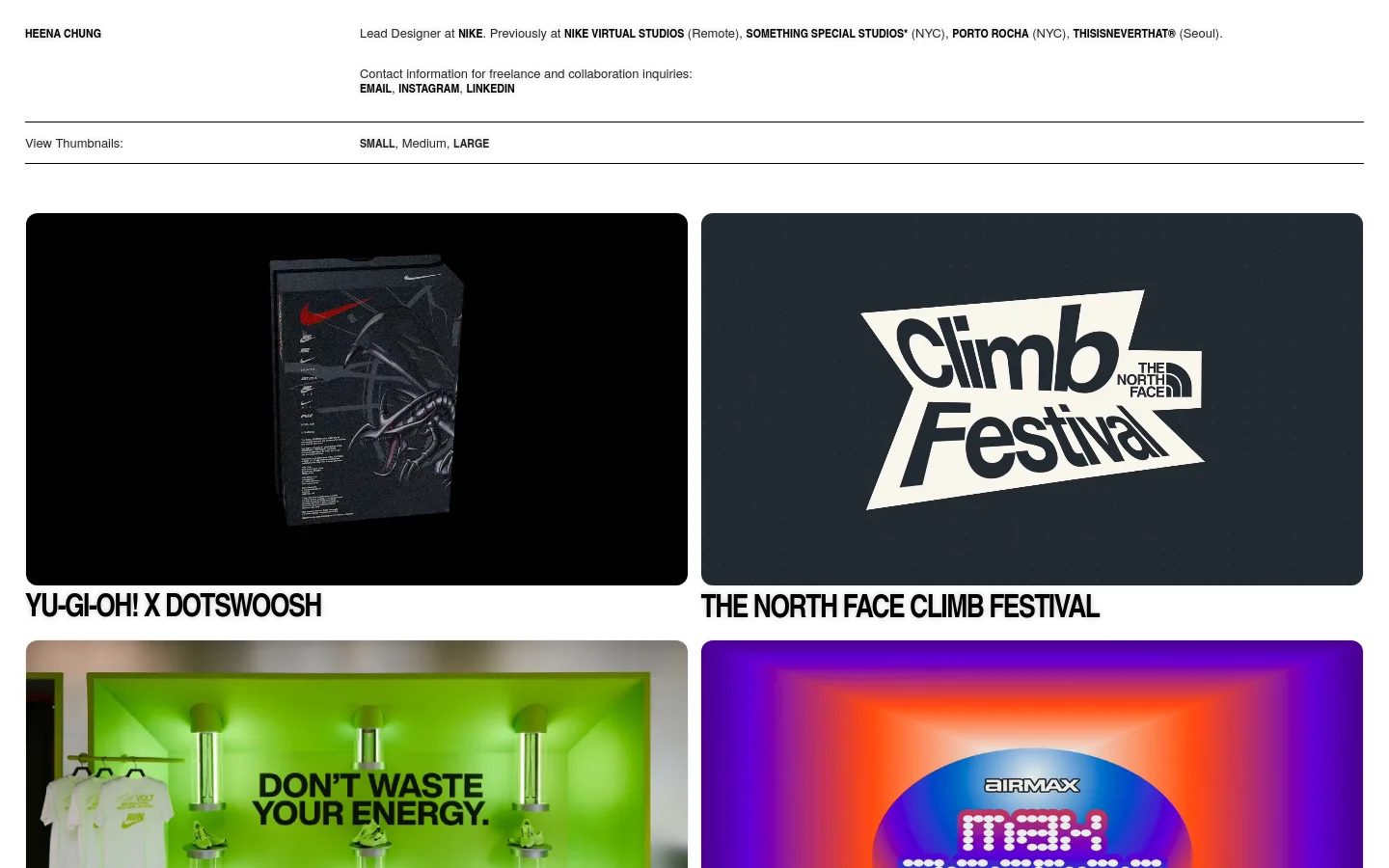 A minimalist portfolio website for Heena Chung with a white background and black text. The header features her name, professional bio, and contact links, followed by a grid of large project thumbnails including 'YU-GI-OH! X DOTSWOOSH' and 'THE NORTH FACE CLIMB FESTIVAL'.