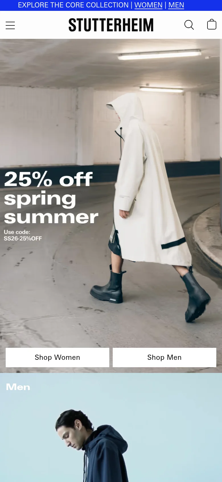The mobile version presents a vertically stacked layout starting with a large hero image of a person in a white raincoat with the '25% off' promotional text. The 'Shop Women' and 'Shop Men' buttons are stacked vertically for easier tapping. The header is simplified with a hamburger menu icon on the left, the brand logo in the center, and search and shopping bag icons on the right.