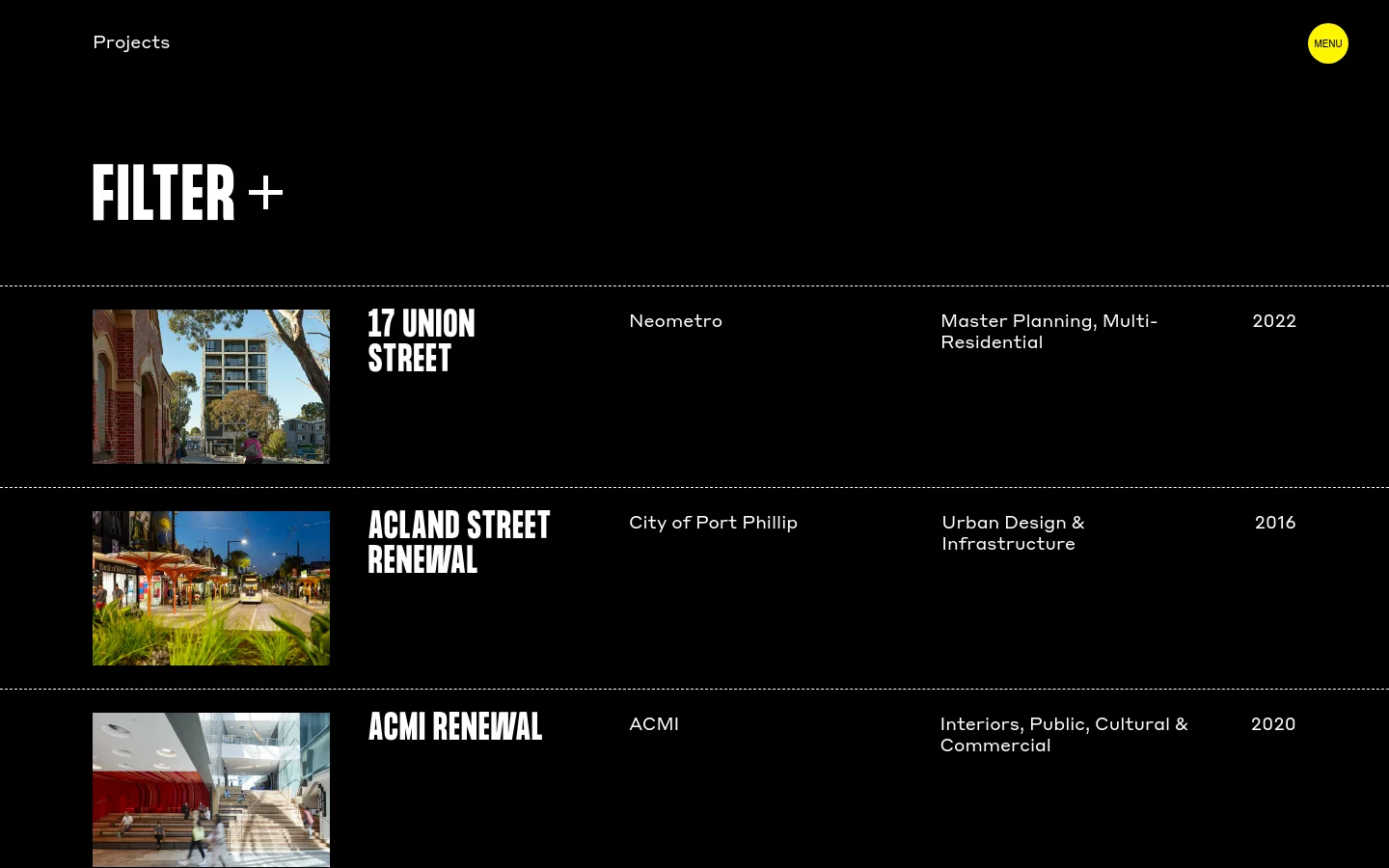 The Projects page features a dark minimalist design with a large white 'FILTER +' heading. A vertical list of architectural projects is displayed, each consisting of a rectangular landscape image on the left, followed by the project title, client, typology, and year in white text. The layout uses thin horizontal lines to separate each project entry.