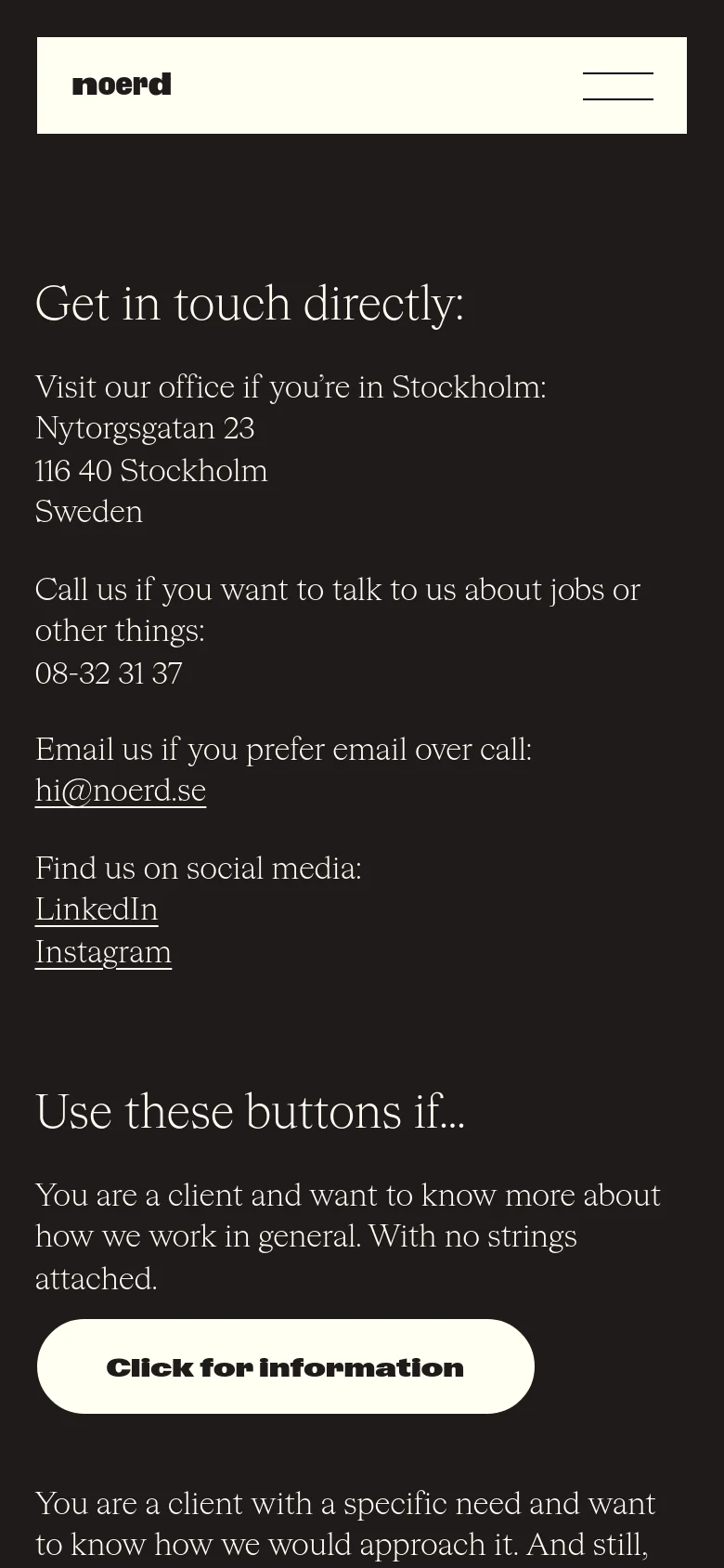 The mobile version uses a single-column vertical layout on a dark background. The navigation is condensed into a hamburger menu icon at the top right, and all contact information and buttons are stacked vertically for easy scrolling.