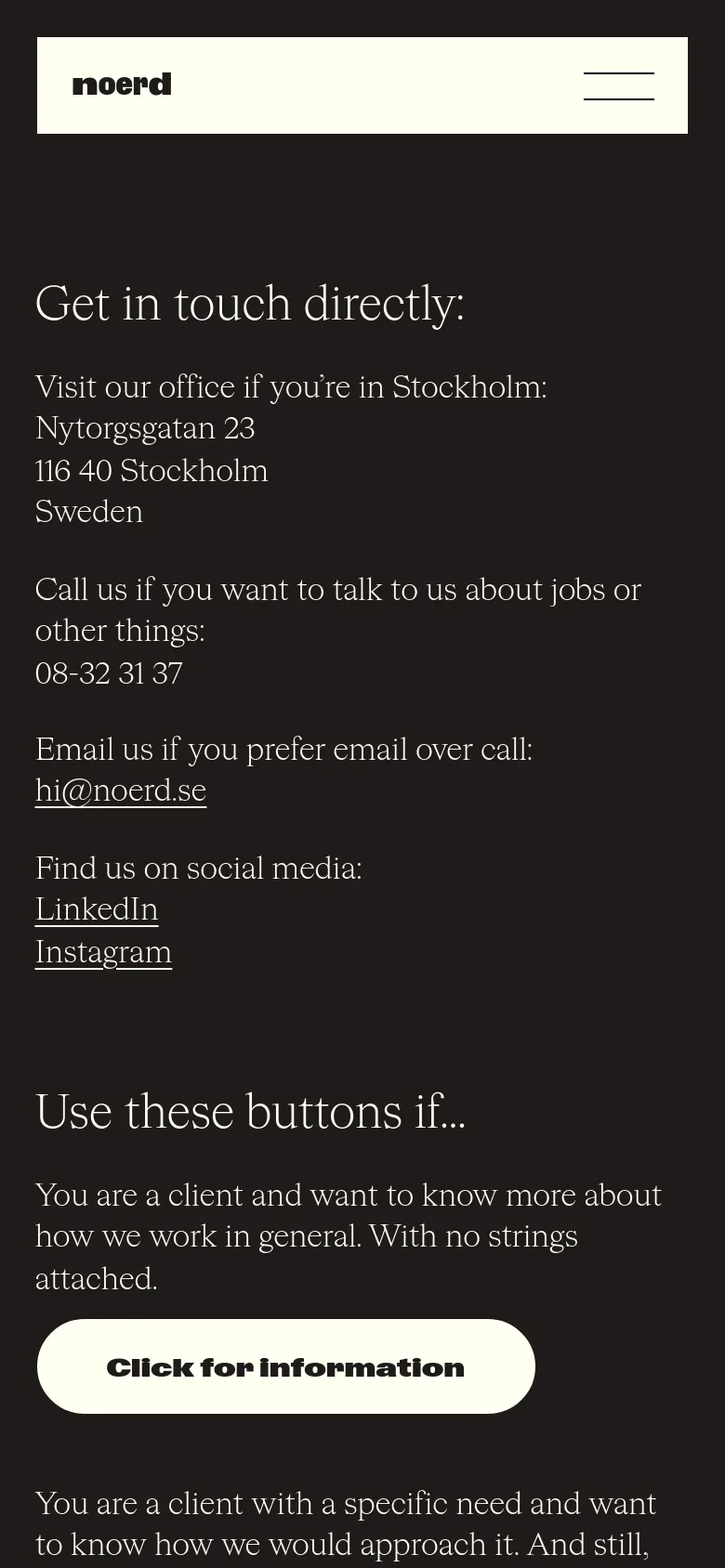 The mobile version uses a single-column vertical layout on a dark background. The navigation is condensed into a hamburger menu icon at the top right, and all contact information and buttons are stacked vertically for easy scrolling.