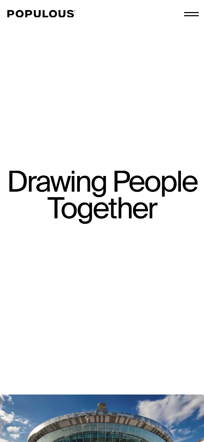 The mobile version simplifies the layout, replacing the full navigation menu with a hamburger icon in the top right. The large 'Drawing People Together' headline dominates the upper screen, followed by a single, wide hero image of a stadium under a blue sky. The content is vertically stacked for easy scrolling on a narrow screen.