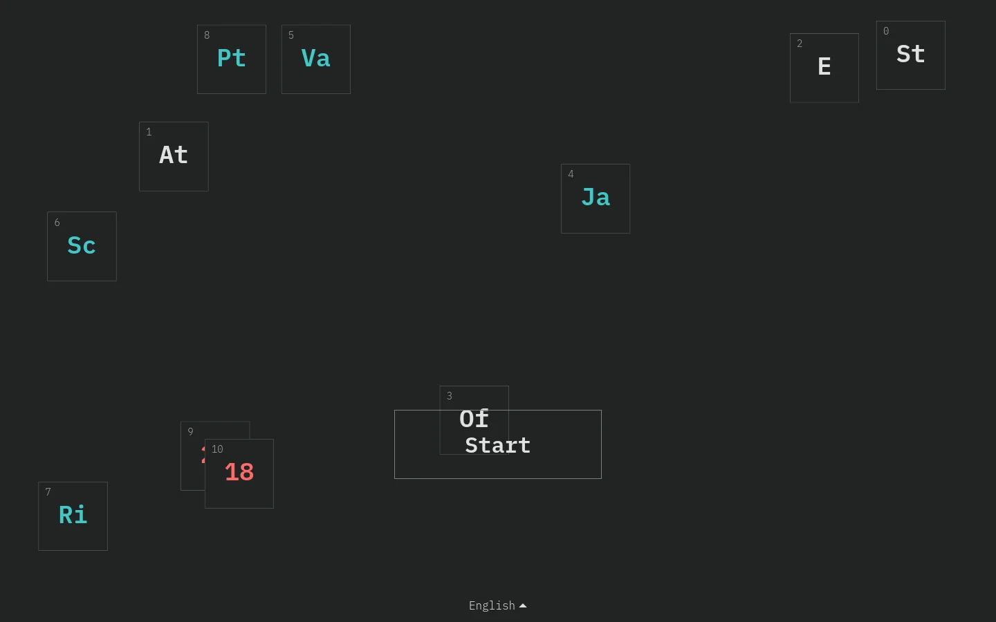 The desktop homepage features a dark gray background with scattered, numbered rectangular tiles containing cyan and white text fragments. These tiles form a fragmented title, '2018 State of JavaScript,' and the primary call to action is a large central button labeled 'Start.'