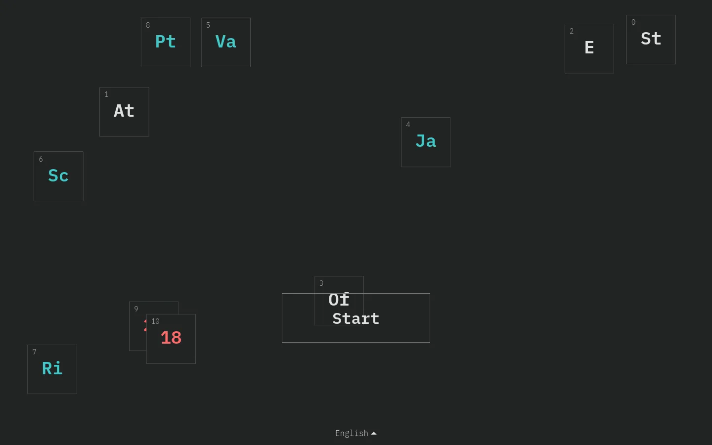 The desktop homepage features a dark gray background with scattered, numbered rectangular tiles containing cyan and white text fragments. These tiles form a fragmented title, '2018 State of JavaScript,' and the primary call to action is a large central button labeled 'Start.'