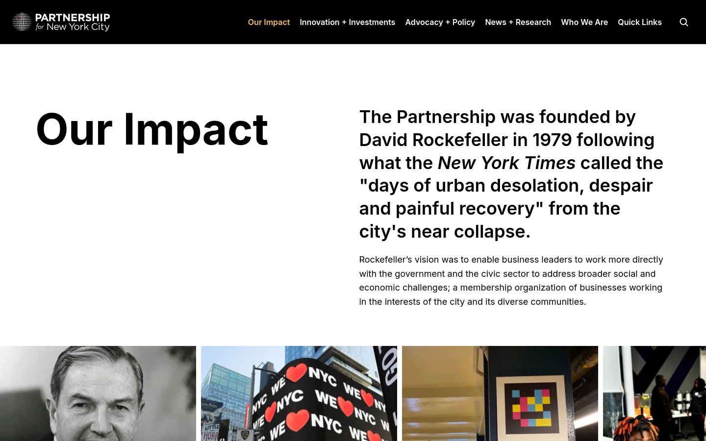 The desktop page features a clean white background with a large 'Our Impact' headline on the left and a text section on the right explaining the organization's history. A horizontal navigation bar at the top includes the Partnership for New York City logo and several menu links. Below the text, a grid of large, high-quality photographic images begins, including a black and white portrait and colorful urban scenes.