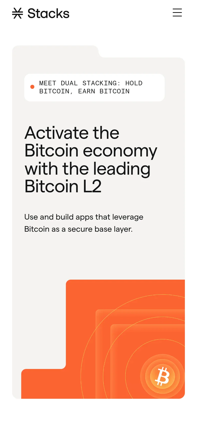 The mobile version maintains the same minimalist aesthetic but uses a stacked vertical layout. The navigation is condensed into a hamburger menu icon in the top right, while the hero headline, subtext, and orange Bitcoin graphic are centered and scaled to fit the narrower screen width.
