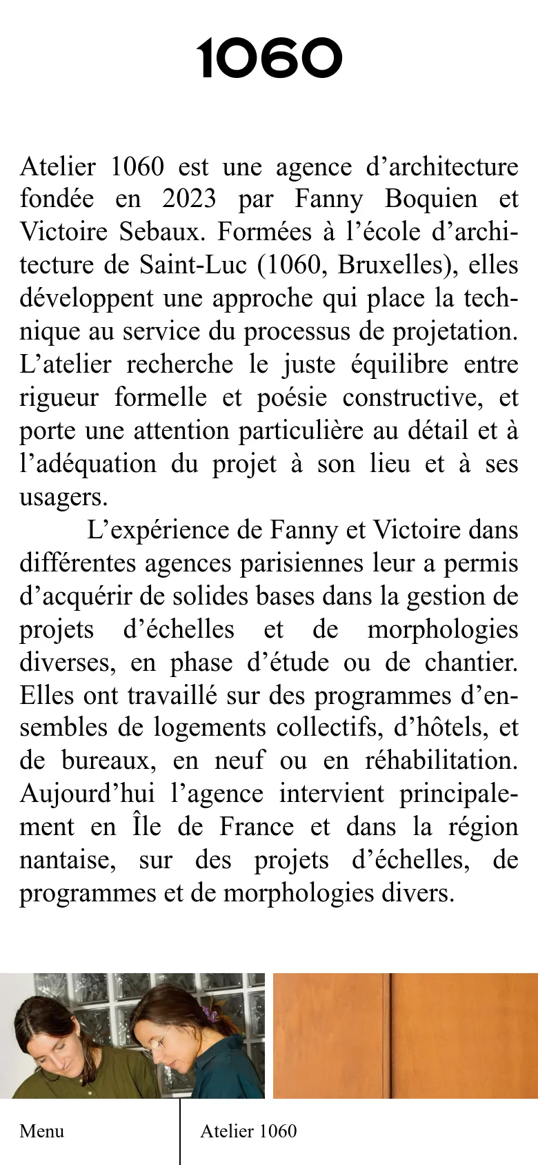The mobile version presents a vertical layout with the '1060' logo and text content stacked on top of each other for readability. The bottom navigation is simplified, showing only 'Menu' and 'Atelier 1060' in a white bar, and the image grid is reduced to a single column of large photos.