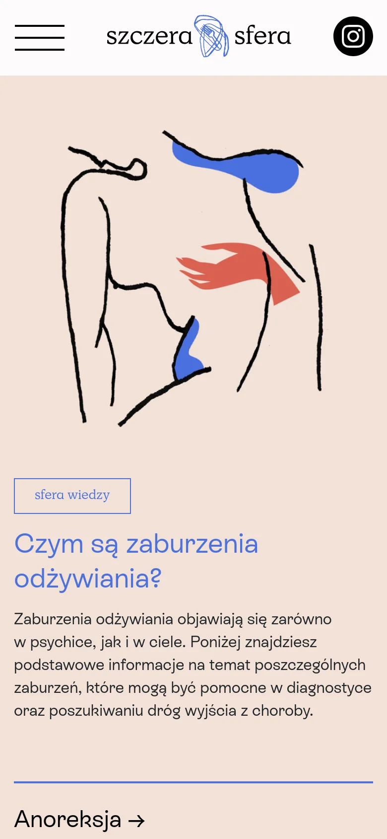 The mobile version presents a vertically stacked layout on a light beige background. The stylized line drawing of a torso appears at the top, followed by the 'sfera wiedzy' tag, the main headline, and descriptive text. The header is condensed, featuring a hamburger menu, the logo, and an Instagram icon.