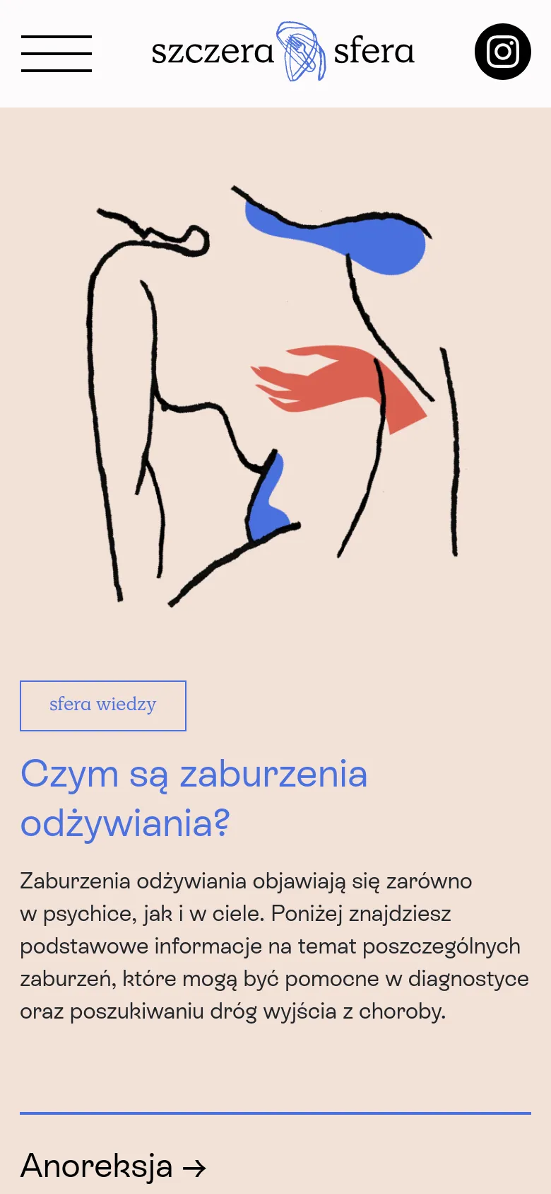 The mobile version presents a vertically stacked layout on a light beige background. The stylized line drawing of a torso appears at the top, followed by the 'sfera wiedzy' tag, the main headline, and descriptive text. The header is condensed, featuring a hamburger menu, the logo, and an Instagram icon.