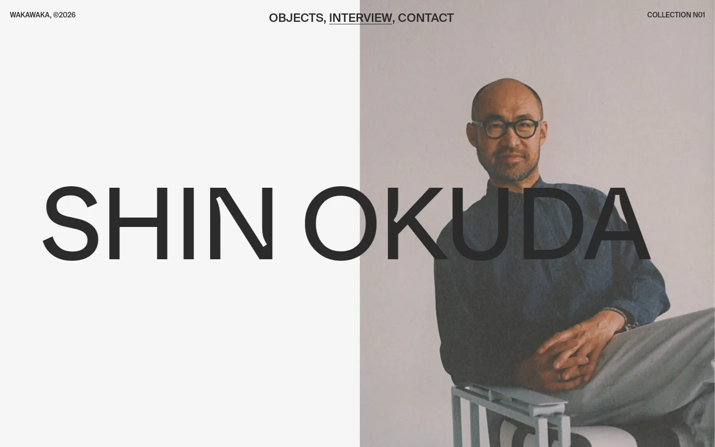 Waka Waka interview page featuring a split-screen hero layout with large sans-serif typography reading SHIN OKUDA. The left side is a minimalist off-white, while the right side shows a portrait of designer Shin Okuda in a blue shirt against a neutral background.