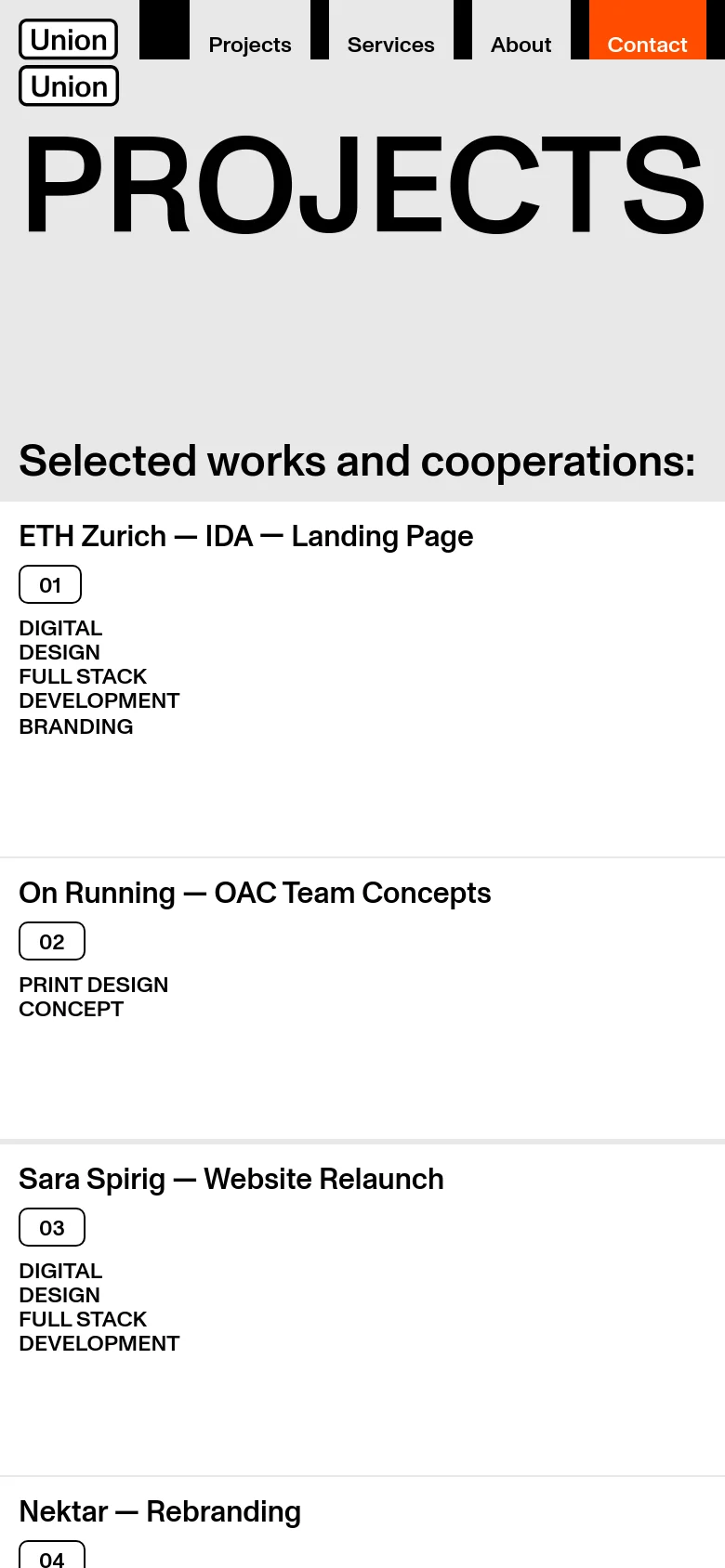 The mobile version maintains the minimalist light gray aesthetic and large black typography but uses a simplified layout. The navigation is condensed, and the project list is stacked vertically, showing project numbers, titles, and service categories in a single column for easy scrolling.