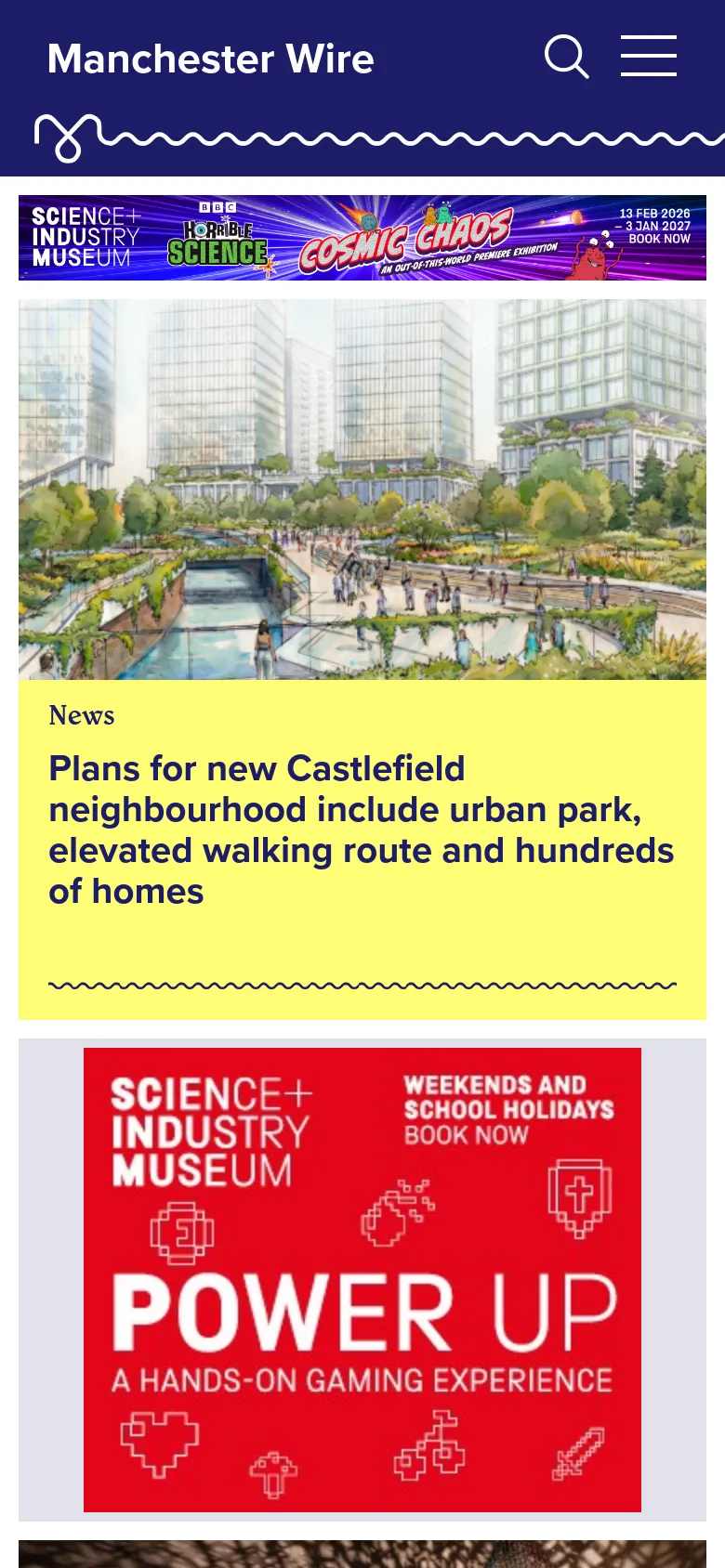 The mobile version presents a simplified layout with a condensed dark blue header containing a hamburger menu and search icon. The 'Space Station Earth' banner and news articles are stacked vertically, with images and headlines scaled to fit the narrow screen width for easy scrolling.