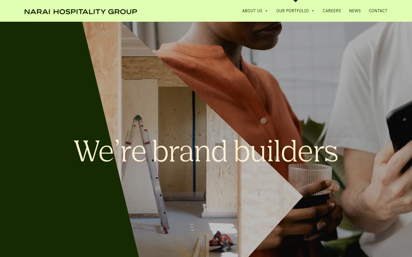 The desktop version of the Our Portfolio page features a large hero image of people in a construction setting with the headline 'We're brand builders' in white serif text. Below the hero, the layout includes text sections about Lub d and Marasca brands, an 'At a glance' section with three icons and statistics, and a photo gallery. The color palette is dominated by dark green, lime green, and earthy tones.