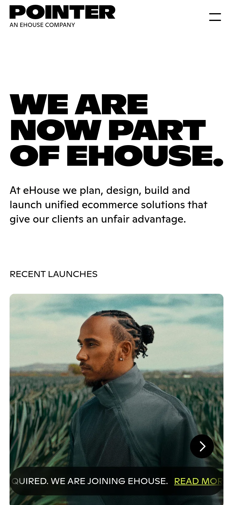 The mobile version uses a similar high-contrast black and white color scheme but features a simplified layout. The navigation is condensed into a hamburger menu icon at the top right, and the large headline and subheadline are stacked vertically to fit the narrower screen width above the 'RECENT LAUNCHES' image section.