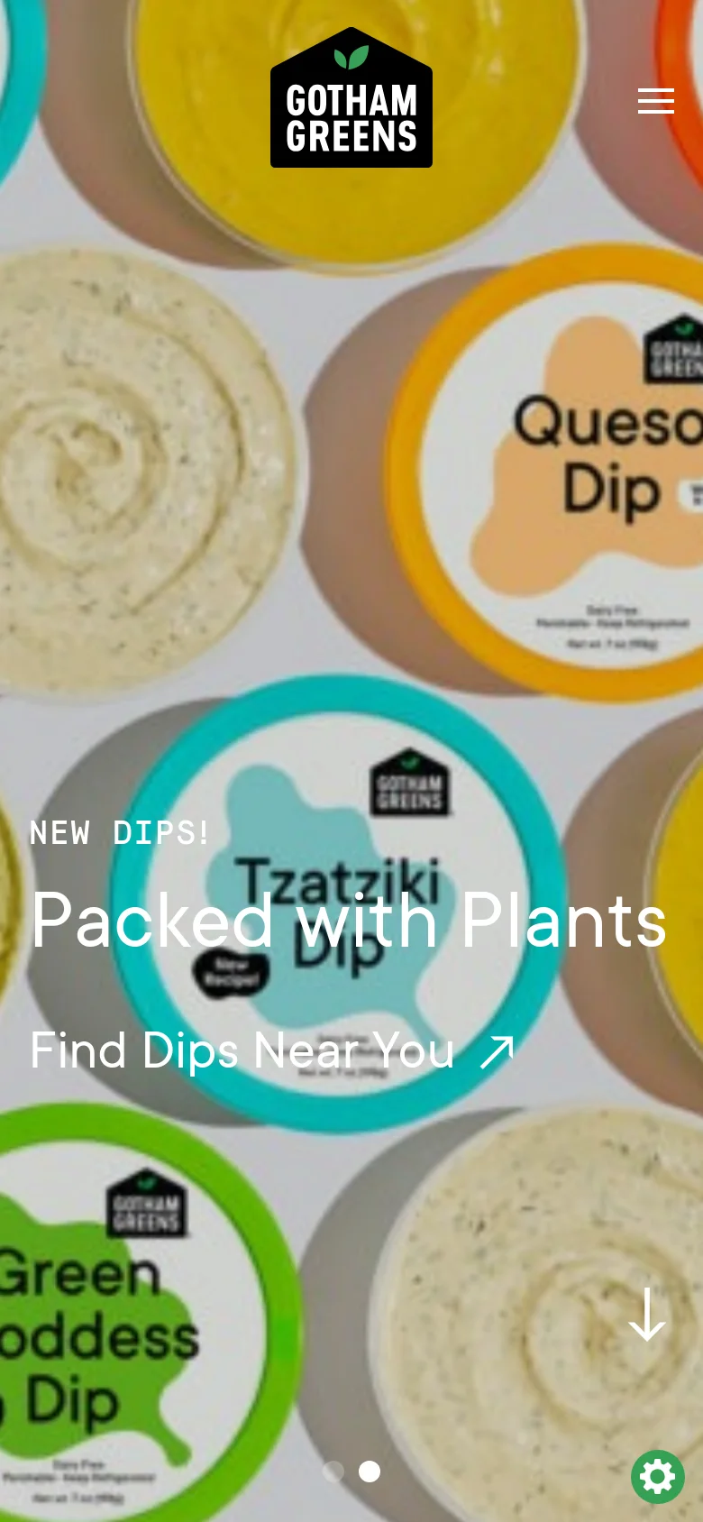 The mobile version presents a vertically stacked layout optimized for small screens, starting with a hero image of various dip containers and the headline 'Packed with Plants'. The navigation is condensed into a hamburger menu at the top right, and the primary call to action 'Find Dips Near You' is prominently displayed over the imagery. The visual focus remains on vibrant, close-up food photography.