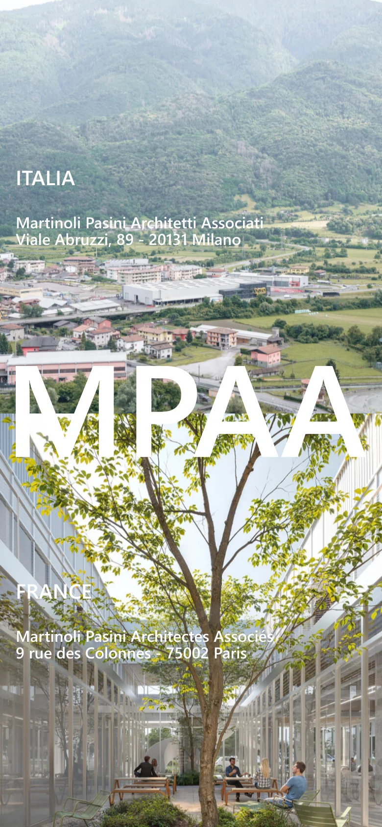 The mobile version maintains the minimalist aesthetic but presents the content in a vertical, single-column scroll. The large 'MPAA' text and architectural imagery are stacked, with the Italian and French office details appearing sequentially as the user scrolls down.
