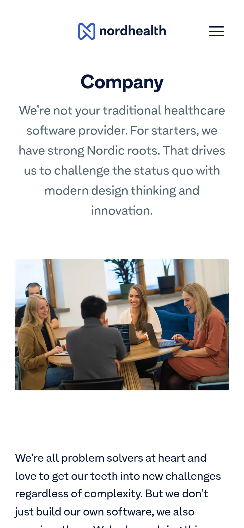 The mobile version simplifies the layout, replacing the top navigation with a hamburger menu icon next to the logo. The 'Company' headline and text are centered, and the hero image is scaled down to fit the narrower screen width, maintaining the vertical stack of content.