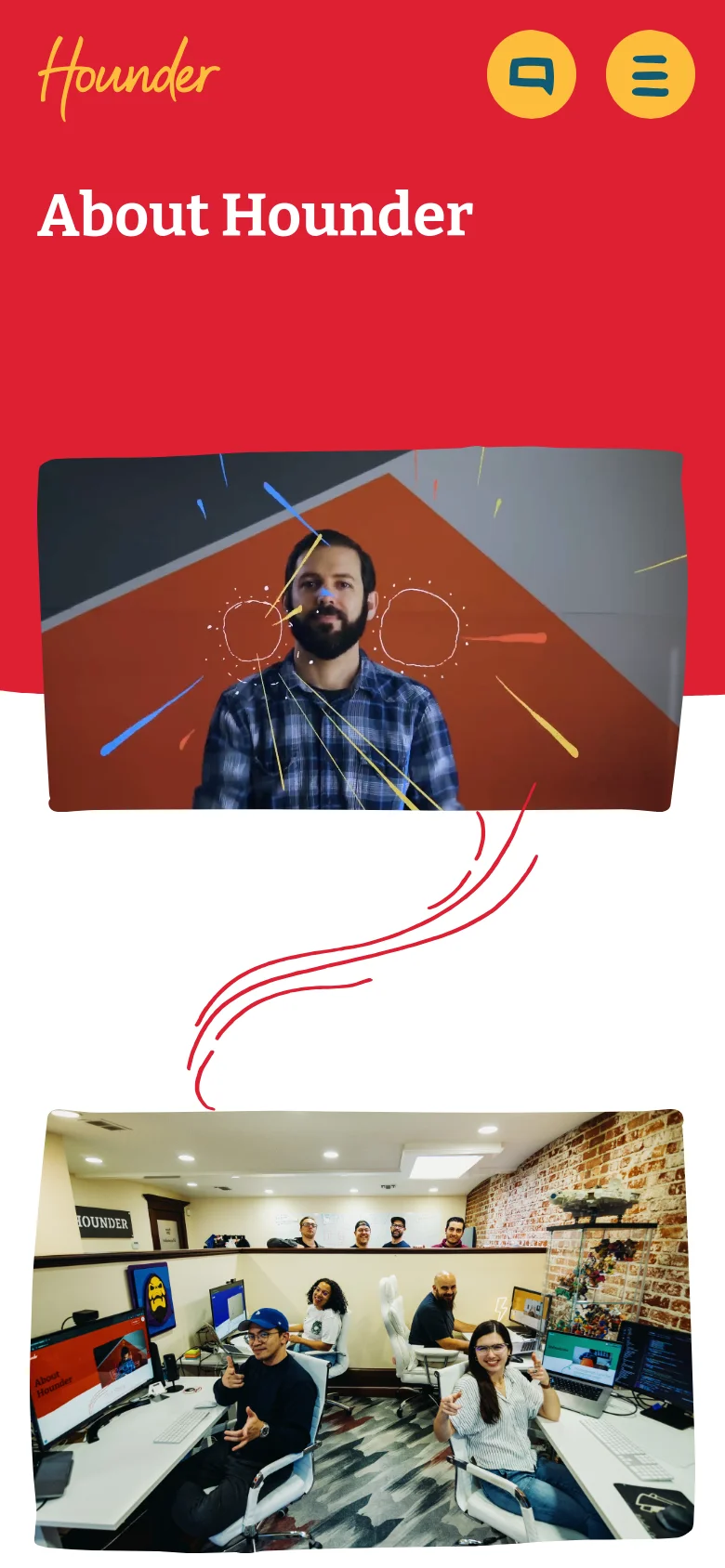 The mobile version uses a red background for the top section, displaying the 'About Hounder' headline and a chat icon alongside a hamburger menu. The hero image is centered and occupies the full width, followed by a vertical stack of content and a team photo on a white background.
