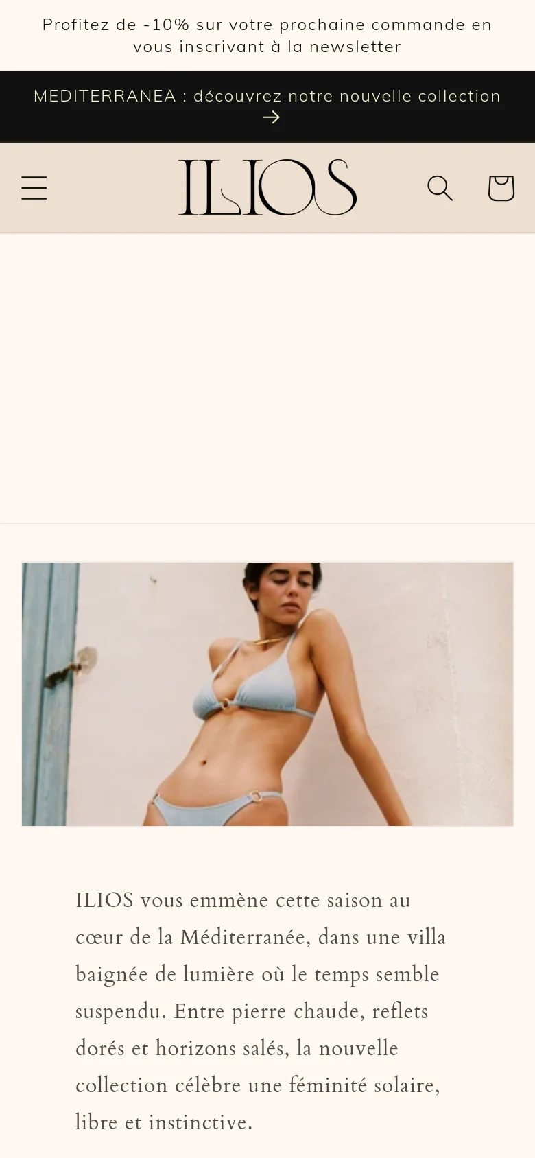 The mobile version uses a simplified vertical layout with a hamburger menu icon on the left and a centered logo. The content consists of a single-column stack of large, high-quality imagery and text blocks, including the brand introduction and collection links, optimized for vertical scrolling.