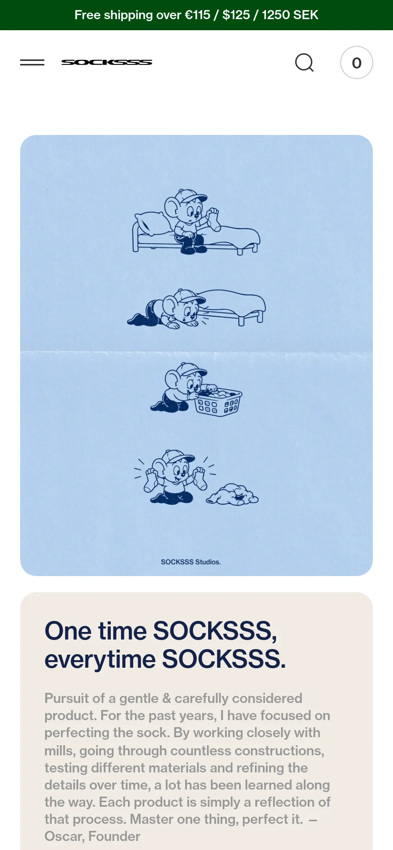 The mobile version uses a single-column vertical layout where the blue panel with cartoon mouse illustrations appears first, followed by the cream-colored text section below it. The navigation is condensed into a hamburger menu and a search icon, and the green announcement bar remains at the top.