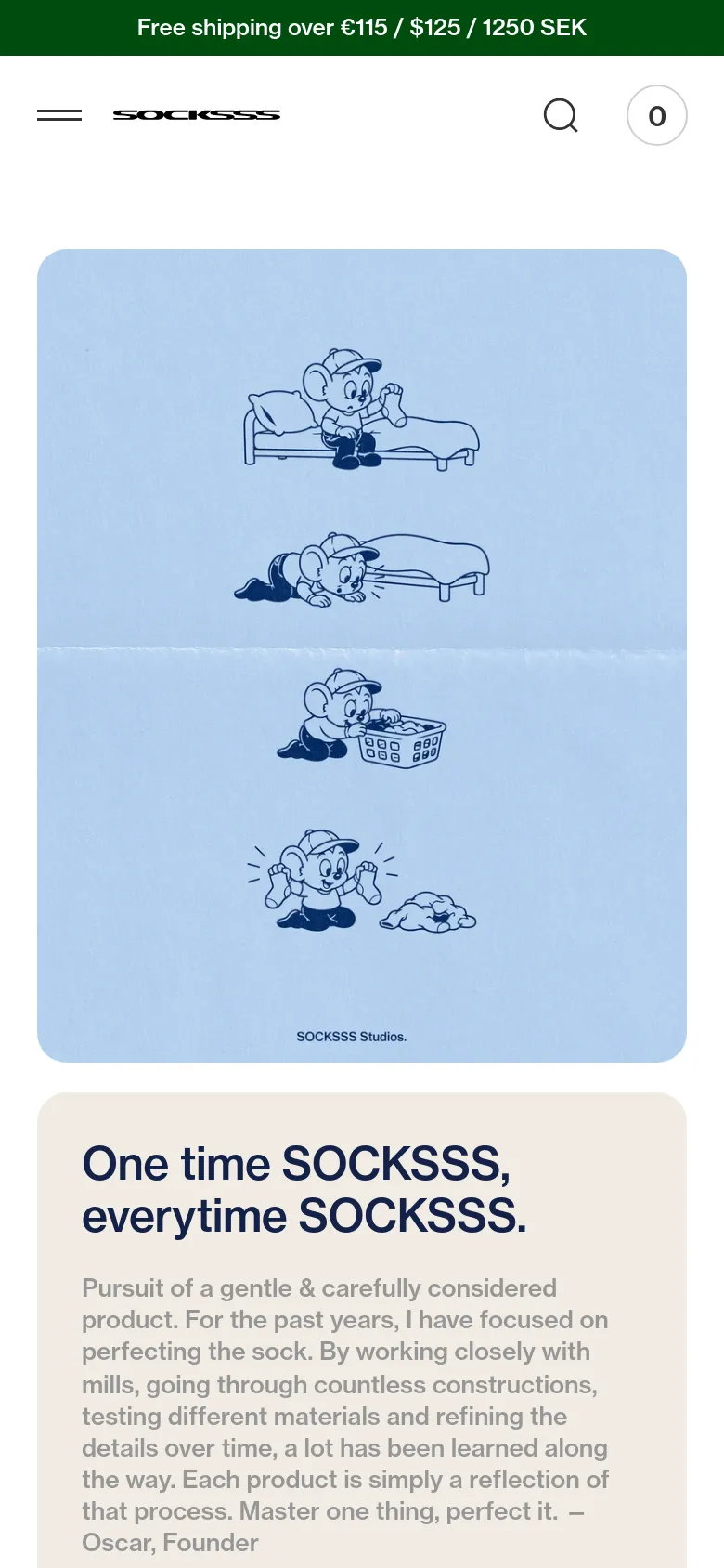 The mobile version uses a single-column vertical layout where the blue panel with cartoon mouse illustrations appears first, followed by the cream-colored text section below it. The navigation is condensed into a hamburger menu and a search icon, and the green announcement bar remains at the top.