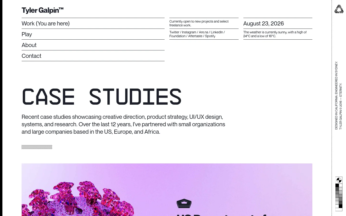 The desktop view features a minimalist, high-contrast white layout with a sidebar navigation on the left. The main content area displays a large 'CASE STUDIES' heading followed by a brief introductory paragraph and a large colorful project thumbnail for the US Department of Defense. A small metadata section at the top right includes the date and current weather.