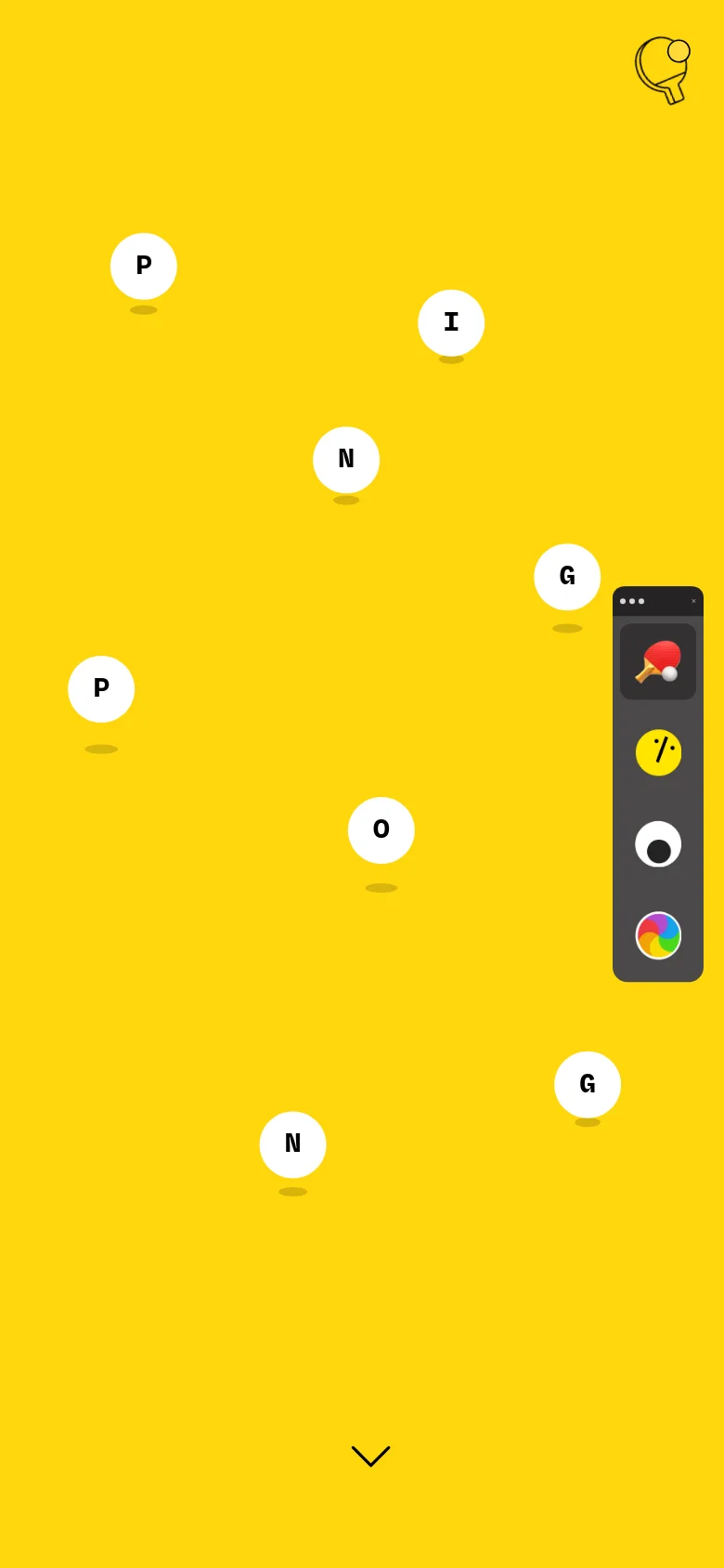 The mobile version maintains the bright yellow background and floating white letter circles, but the central white graphic and pixelated text are scaled down to fit the portrait orientation. The dark vertical icon menu remains on the right, and a downward arrow at the bottom indicates more content below.